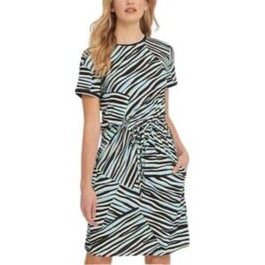 DKNY Womens Above Knee Work Dress Ruched Zebra Print Black White Blue S Was $115